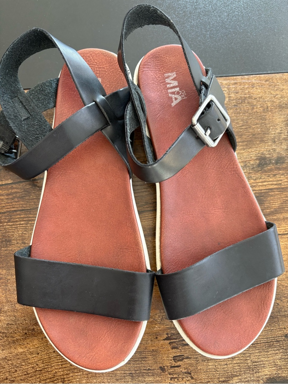 MIA Black Strappy Sandals with Brown Footbed
